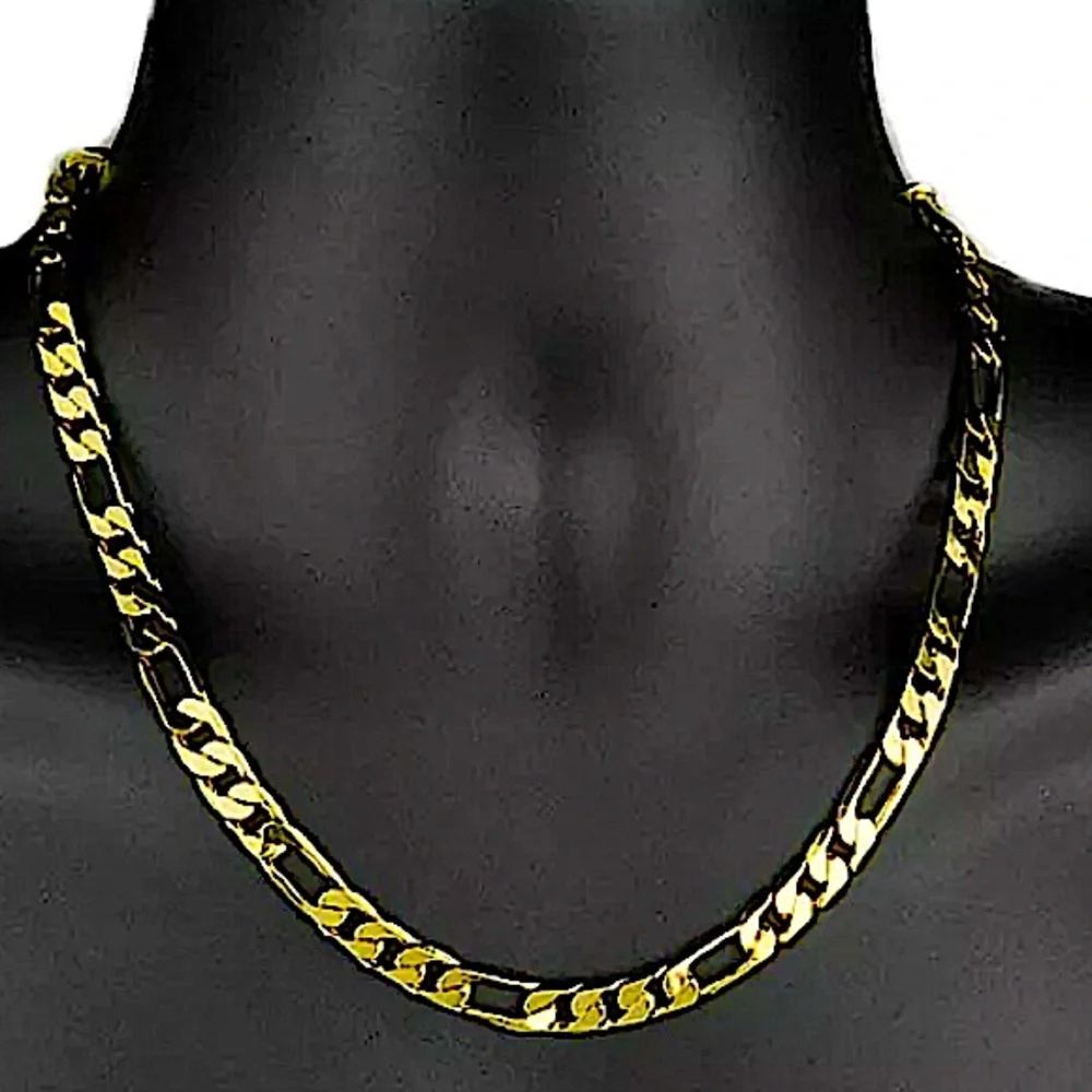 18K GOLD PLATED CUBAN FIGARO CHAIN LINK UNISEX NECKLACE BRACELET SET - Picture 13 of 14